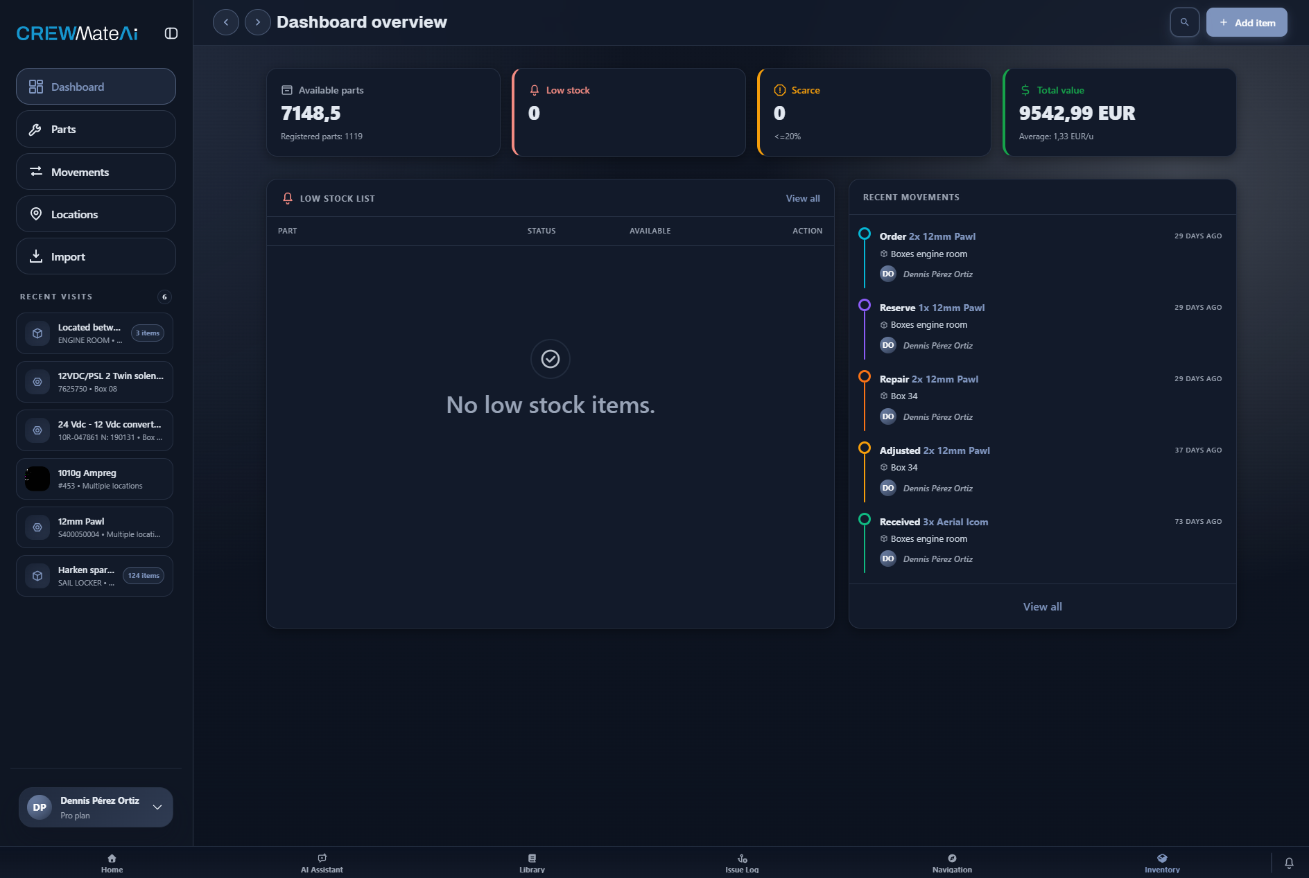 Captura del control de stock de CrewMateAI